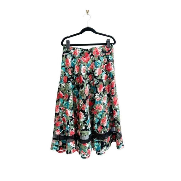 Faith and Joy Floral Midi Skirt Red Rose Sheer Panel Elastic Waist A-Line Size S - Picture 1 of 6